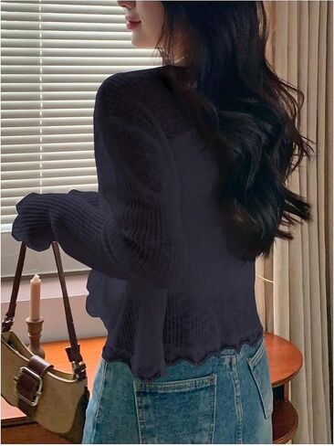 GORGLITTER Women's Button Up Lightweight Cardigan Sheer Lace Trim Long Sleeve Open Front Fall Knit Tops in Saudi Arabia