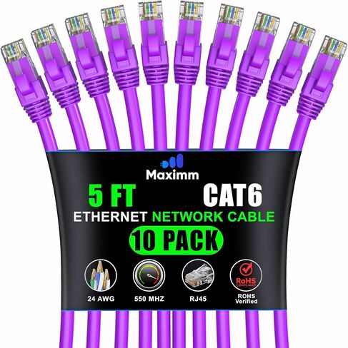 Maximm Cat 6 Ethernet Cable 1.5 FT (10 pack) - كابل LAN عالي السرعة وكابل الإنترنت وكابل التصحيح وكابل الشبكة - UTP ، 10 جيجابت في الثانية ، سلك إيثرنت 550 ميجا هرتز - أسود in Saudi Arabia