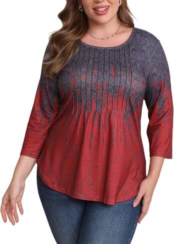 المرأة حجم كبير 3/4 طول الأكمام بلايز Crewneck مطوي فضفاض صالح عادية تونك الأعلى سوينغ قمصان البلوزات 1X-5X in Saudi Arabia