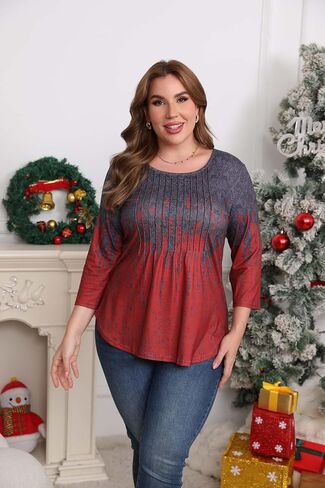 المرأة حجم كبير 3/4 طول الأكمام بلايز Crewneck مطوي فضفاض صالح عادية تونك الأعلى سوينغ قمصان البلوزات 1X-5X in Saudi Arabia