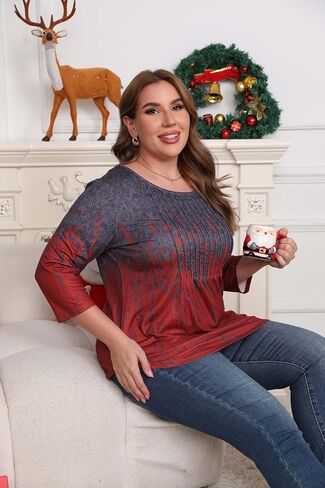 المرأة حجم كبير 3/4 طول الأكمام بلايز Crewneck مطوي فضفاض صالح عادية تونك الأعلى سوينغ قمصان البلوزات 1X-5X in Saudi Arabia