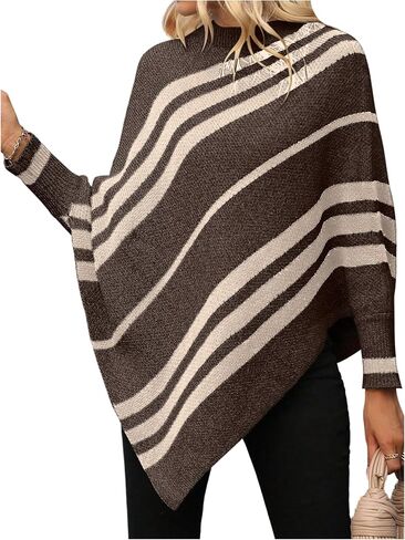 Milumia Women's Striped Mock Neck Knitted Poncho Sweater Dolman Long Sleeve Loose Tops in Saudi Arabia