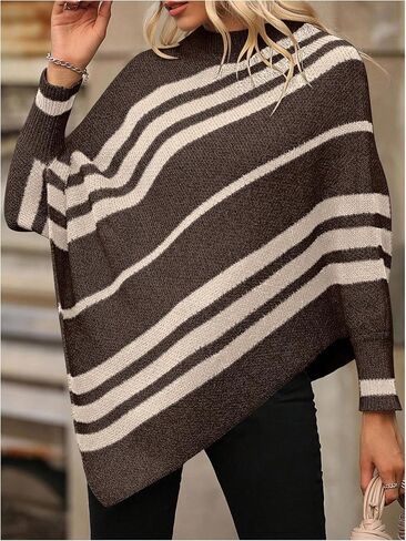 Milumia Women's Striped Mock Neck Knitted Poncho Sweater Dolman Long Sleeve Loose Tops in Saudi Arabia