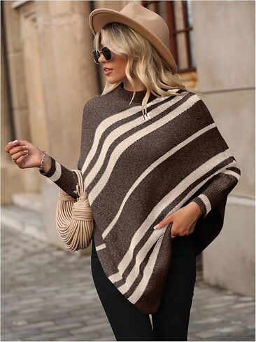 Milumia Women's Striped Mock Neck Knitted Poncho Sweater Dolman Long Sleeve Loose Tops in Saudi Arabia