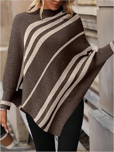 Milumia Women's Striped Mock Neck Knitted Poncho Sweater Dolman Long Sleeve Loose Tops in Saudi Arabia