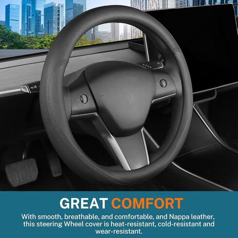 غطاء عجلة القيادة الجلدي مناسب خصيصًا لطراز Tesla 3/Y 2016-2026، تصميم مريح للقبضة مسامي وغير قابل للانزلاق، واقي عجلة قيادة السيارة طراز 3/Y، ملحقات Tesla، أسود (نمط A، لـ Tesla) in Saudi Arabia