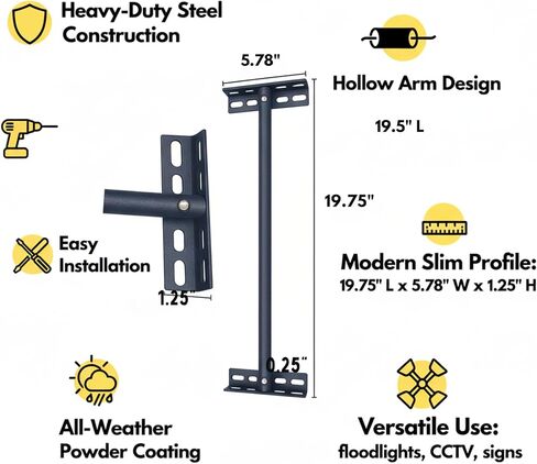 Heavy-Duty Steel Wall Mount Bracket for Security Lights & Signs, Black, 19.75 x 5.78 x 1.25 Inch, Wall Brackets for LED Floodlights & Cameras, Easy Install - Conceal Wiring, Indoor/Outdoor Use in Kuwait