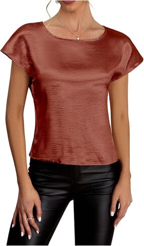 Women's Crew Neck Dolman Short Sleeve Satin Blouse Elegant Party Shirts in Kuwait