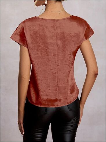 Women's Crew Neck Dolman Short Sleeve Satin Blouse Elegant Party Shirts in Kuwait
