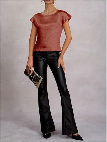 Women's Crew Neck Dolman Short Sleeve Satin Blouse Elegant Party Shirts in Kuwait