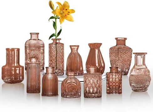 KUAGUINZUHE 12 Pcs Glass Bud Vase Set, Small Translucent Amber Vintage Flower Vases for Wedding Centerpieces in Bulk, Mini Embossed Vases for Home Table Decor, Party, Baby Shower Decorations in Saudi Arabia