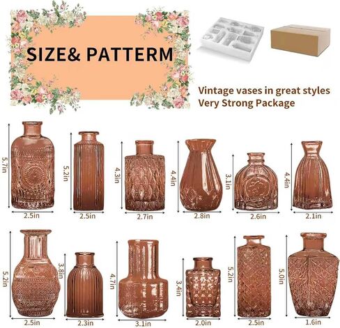 KUAGUINZUHE 12 Pcs Glass Bud Vase Set, Small Translucent Amber Vintage Flower Vases for Wedding Centerpieces in Bulk, Mini Embossed Vases for Home Table Decor, Party, Baby Shower Decorations in Saudi Arabia