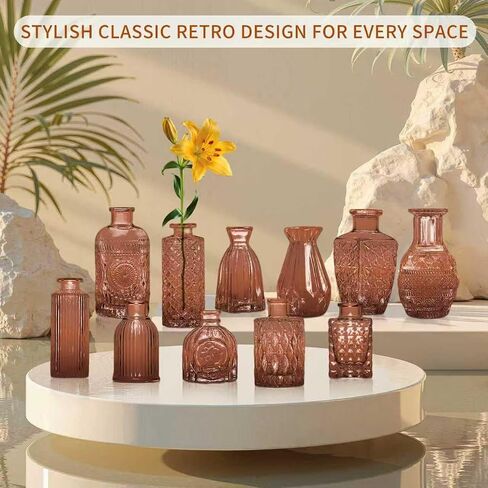 KUAGUINZUHE 12 Pcs Glass Bud Vase Set, Small Translucent Amber Vintage Flower Vases for Wedding Centerpieces in Bulk, Mini Embossed Vases for Home Table Decor, Party, Baby Shower Decorations in Saudi Arabia