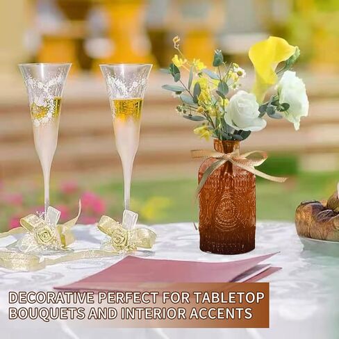KUAGUINZUHE 12 Pcs Glass Bud Vase Set, Small Translucent Amber Vintage Flower Vases for Wedding Centerpieces in Bulk, Mini Embossed Vases for Home Table Decor, Party, Baby Shower Decorations in Saudi Arabia