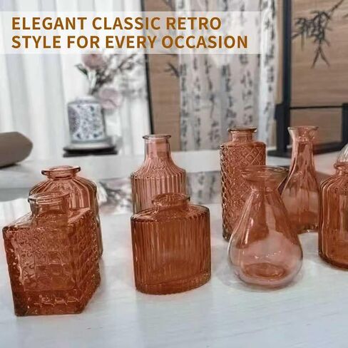 KUAGUINZUHE 12 Pcs Glass Bud Vase Set, Small Translucent Amber Vintage Flower Vases for Wedding Centerpieces in Bulk, Mini Embossed Vases for Home Table Decor, Party, Baby Shower Decorations in Saudi Arabia