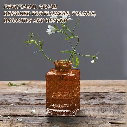 KUAGUINZUHE 12 Pcs Glass Bud Vase Set, Small Translucent Amber Vintage Flower Vases for Wedding Centerpieces in Bulk, Mini Embossed Vases for Home Table Decor, Party, Baby Shower Decorations in Saudi Arabia