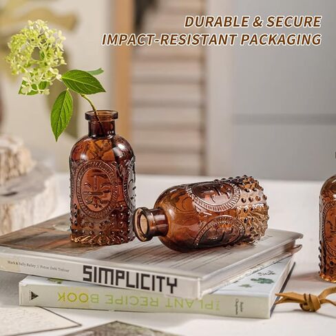 KUAGUINZUHE 12 Pcs Glass Bud Vase Set, Small Translucent Amber Vintage Flower Vases for Wedding Centerpieces in Bulk, Mini Embossed Vases for Home Table Decor, Party, Baby Shower Decorations in Saudi Arabia