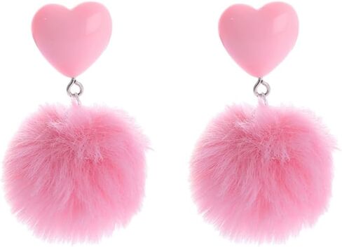 Heart Pom Pom Earrings Colorful Faux Fur Fluffy Pom Earrings Heart Pom Pom Ball Dangle Drop Earrings Love Heart Pom Pom Stud Earrings Valentine's Day Jewerly in Kuwait