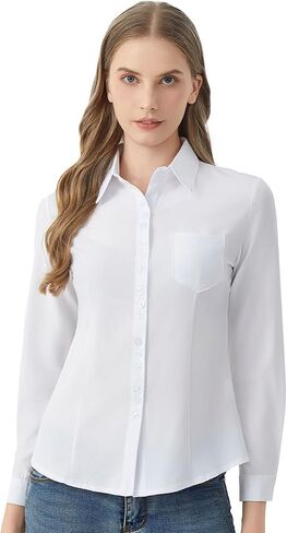 Women's Classic Button Down Shirt with Pockets, Long Sleeve Collared Blouse in Saudi Arabia