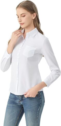 Women's Classic Button Down Shirt with Pockets, Long Sleeve Collared Blouse in Saudi Arabia