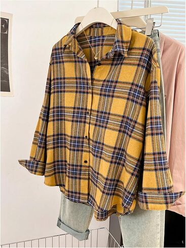 SweatyRocks Women's Vintage Button Down Long Sleeve Flannel Plaid Collared Shirt Shacket Blouse in Saudi Arabia