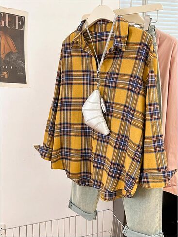 SweatyRocks Women's Vintage Button Down Long Sleeve Flannel Plaid Collared Shirt Shacket Blouse in Saudi Arabia