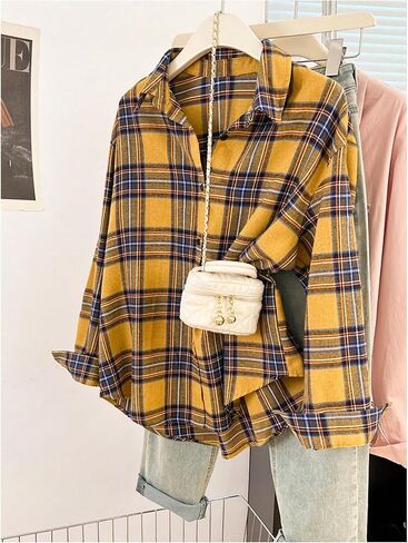 SweatyRocks Women's Vintage Button Down Long Sleeve Flannel Plaid Collared Shirt Shacket Blouse in Saudi Arabia