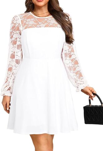 Plus Size Cocktail Dress - Lace Wedding Guest Party Crew Neck Short A Line Dresses Women in Saudi Arabia
