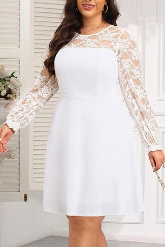 Plus Size Cocktail Dress - Lace Wedding Guest Party Crew Neck Short A Line Dresses Women in Saudi Arabia