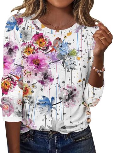 Zeagoo Boho Blouses and Tops 2025 Women's Casual Floral Tops Long Sleeve T Shirts Round Neck Tunic Tops XL in Saudi Arabia