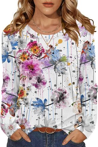 Zeagoo Boho Blouses and Tops 2025 Women's Casual Floral Tops Long Sleeve T Shirts Round Neck Tunic Tops XL in Saudi Arabia