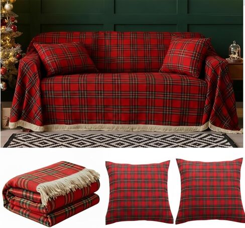 Oudain Christmas Buffalo Plaid Couch Cover Sets 71"x 134" Checkered Red and Green Sofa Covers with 2 Pillowcase Christmas Decorations 3 Seater for Room Furniture Protector in Saudi Arabia