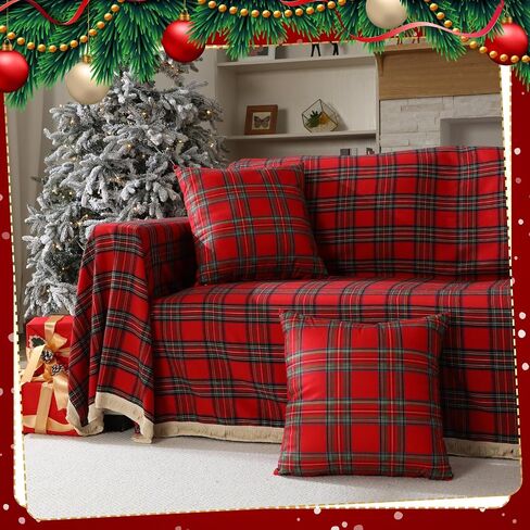 Oudain Christmas Buffalo Plaid Couch Cover Sets 71"x 134" Checkered Red and Green Sofa Covers with 2 Pillowcase Christmas Decorations 3 Seater for Room Furniture Protector in Saudi Arabia