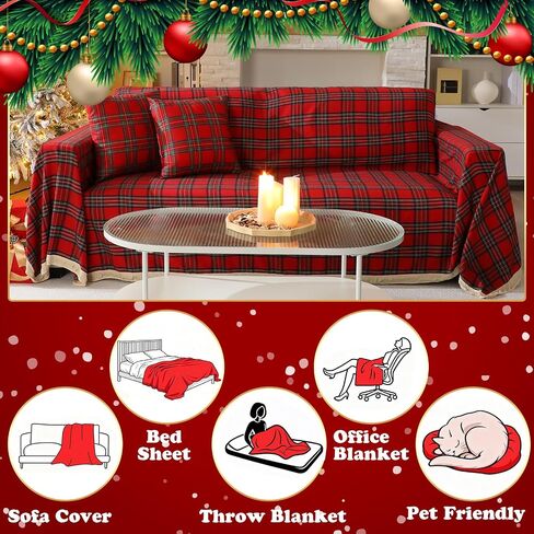 Oudain Christmas Buffalo Plaid Couch Cover Sets 71"x 134" Checkered Red and Green Sofa Covers with 2 Pillowcase Christmas Decorations 3 Seater for Room Furniture Protector in Saudi Arabia