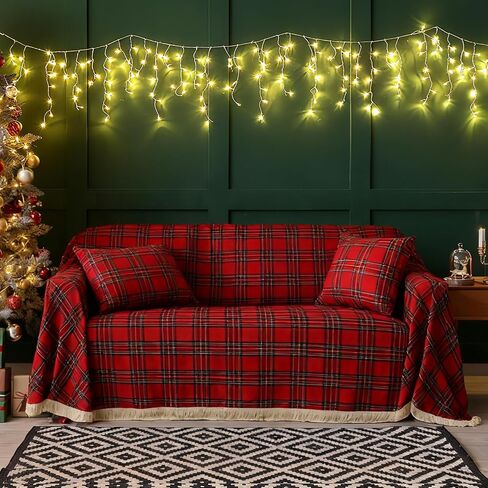 Oudain Christmas Buffalo Plaid Couch Cover Sets 71"x 134" Checkered Red and Green Sofa Covers with 2 Pillowcase Christmas Decorations 3 Seater for Room Furniture Protector in Saudi Arabia