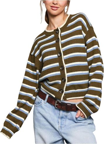 Milumia Women's Striped Button Cardigan Sweater Knit Long Sleeve Going Out Crop Cardigans in Saudi Arabia