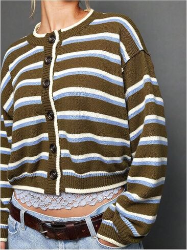 Milumia Women's Striped Button Cardigan Sweater Knit Long Sleeve Going Out Crop Cardigans in Saudi Arabia