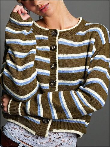 Milumia Women's Striped Button Cardigan Sweater Knit Long Sleeve Going Out Crop Cardigans in Saudi Arabia