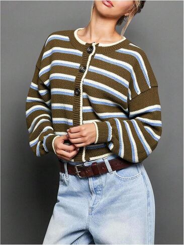 Milumia Women's Striped Button Cardigan Sweater Knit Long Sleeve Going Out Crop Cardigans in Saudi Arabia
