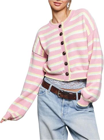 Milumia Women's Striped Button Cardigan Sweater Knit Long Sleeve Going Out Crop Cardigans in Saudi Arabia