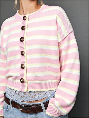 Milumia Women's Striped Button Cardigan Sweater Knit Long Sleeve Going Out Crop Cardigans in Saudi Arabia