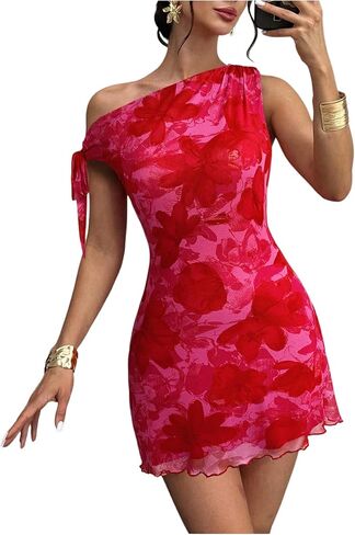 GORGLITTER المرأة غير المتكافئة هيم Bodycon فستان قصير التعادل كتف واحد الأزهار بلا أكمام الزفاف ضيف قلم رصاص فساتين قصيرة in Kuwait