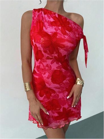 GORGLITTER المرأة غير المتكافئة هيم Bodycon فستان قصير التعادل كتف واحد الأزهار بلا أكمام الزفاف ضيف قلم رصاص فساتين قصيرة in Kuwait