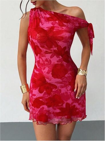 GORGLITTER المرأة غير المتكافئة هيم Bodycon فستان قصير التعادل كتف واحد الأزهار بلا أكمام الزفاف ضيف قلم رصاص فساتين قصيرة in Kuwait