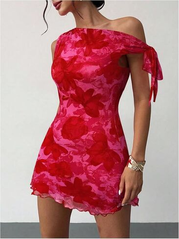 GORGLITTER المرأة غير المتكافئة هيم Bodycon فستان قصير التعادل كتف واحد الأزهار بلا أكمام الزفاف ضيف قلم رصاص فساتين قصيرة in Kuwait