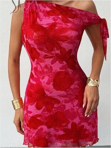GORGLITTER المرأة غير المتكافئة هيم Bodycon فستان قصير التعادل كتف واحد الأزهار بلا أكمام الزفاف ضيف قلم رصاص فساتين قصيرة in Kuwait