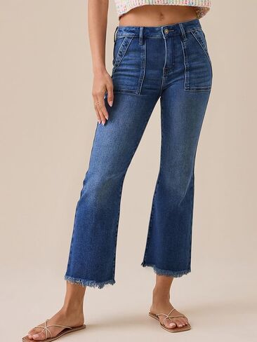 بنطلون جينز نسائي، بنطلون جينز عالي الخصر من قماش الدنيم قابل للتمدد وخصر مرن وطول الكاحل مع حاشية خام in Kuwait