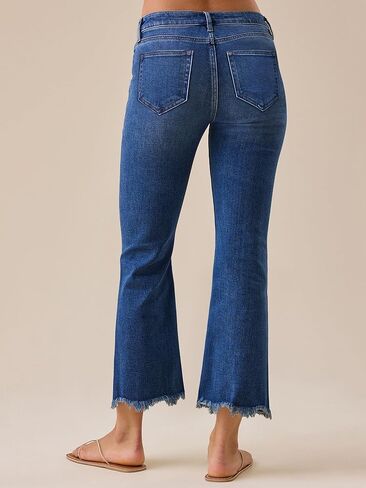 بنطلون جينز نسائي، بنطلون جينز عالي الخصر من قماش الدنيم قابل للتمدد وخصر مرن وطول الكاحل مع حاشية خام in Kuwait