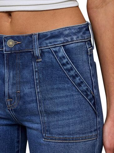 بنطلون جينز نسائي، بنطلون جينز عالي الخصر من قماش الدنيم قابل للتمدد وخصر مرن وطول الكاحل مع حاشية خام in Kuwait