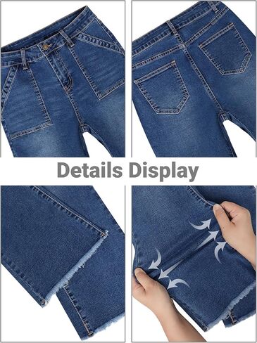 بنطلون جينز نسائي، بنطلون جينز عالي الخصر من قماش الدنيم قابل للتمدد وخصر مرن وطول الكاحل مع حاشية خام in Kuwait